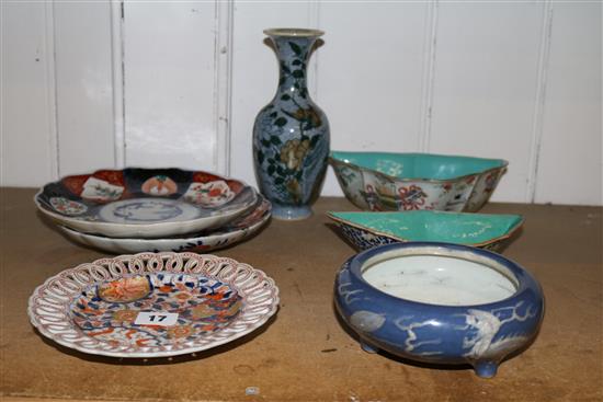 Chinese porcelain dragon censer, various Chinese famille rose dishes, a vase and 3 Imari dishes